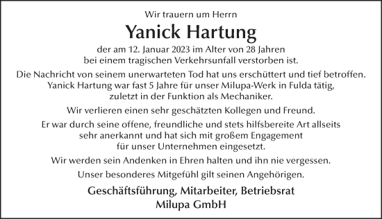 Traueranzeige von Yanick Hartung von FZ