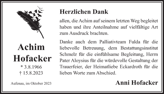 Traueranzeige von Achim Hofacker von FZ
