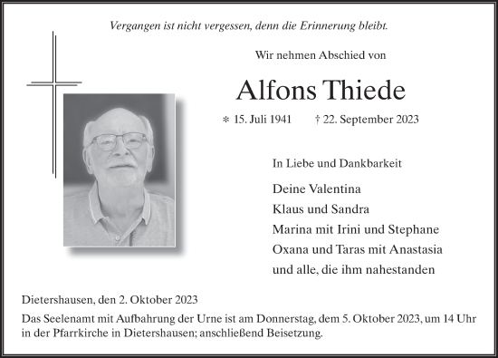 Traueranzeige von Alfons Thiede von FZ