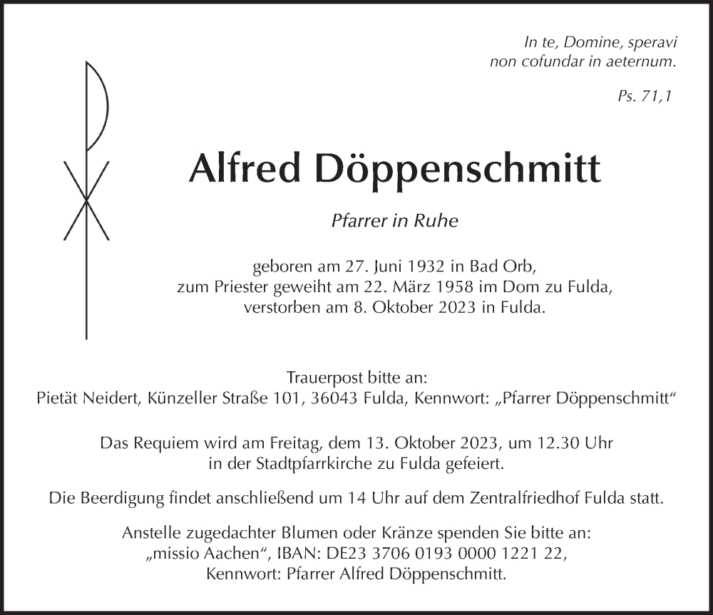  Traueranzeige für Alfred Döppenschmitt vom 11.10.2023 aus FZ