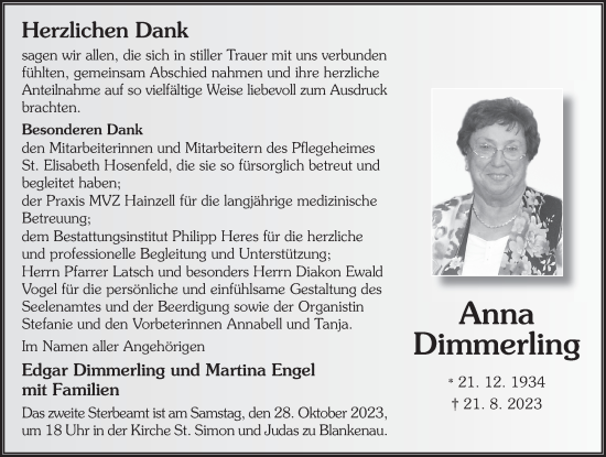 Traueranzeige von Anna Dimmerling von FZ