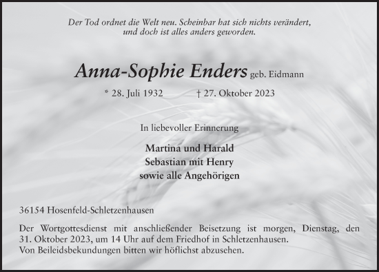 Traueranzeige von Anna-Sophie Enders von FZ
