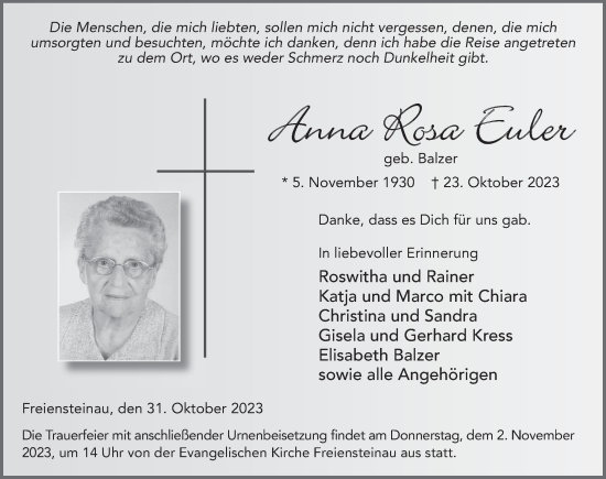 Traueranzeige von Anna Rosa Euler von FZ