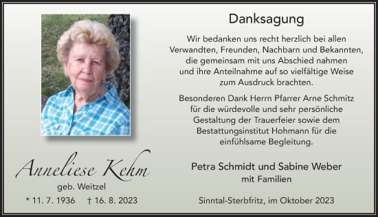 Traueranzeige von Anneliese Kehm von FZ
