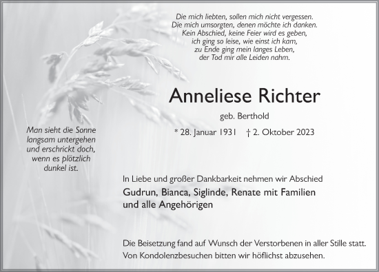 Traueranzeige von Anneliese Richter von FZ