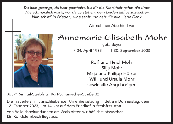 Traueranzeige von Annemarie Elisabeth Mohr von FZ