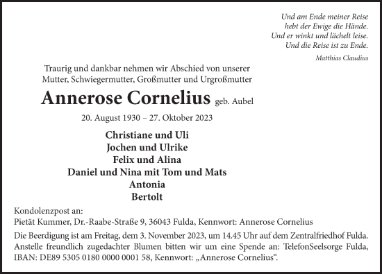 Traueranzeige von Annerose Cornelius von FZ