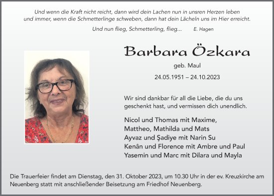 Traueranzeige von Barbara Özkara von FZ