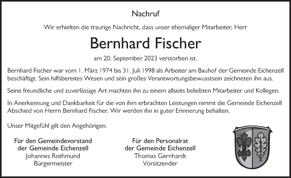  Traueranzeige für Bernhard Fischer vom 04.10.2023 aus FZ