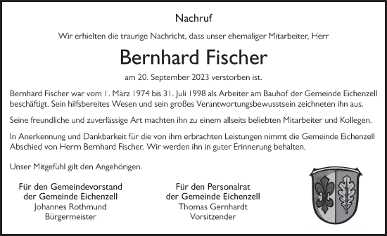Traueranzeige von Bernhard Fischer von FZ