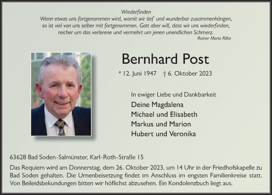 Traueranzeige von Bernhard Post von FZ