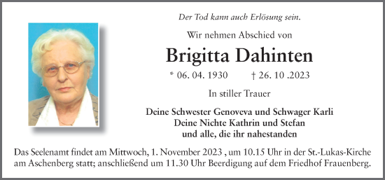 Traueranzeige von Brigitta Dahinten von FZ