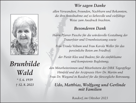Traueranzeige von Brunhilde Wald von FZ