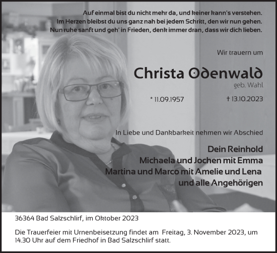 Traueranzeige von Christa Odenwald von FZ
