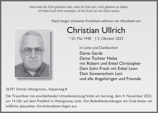 Traueranzeige von Christian Ulrich von FZ