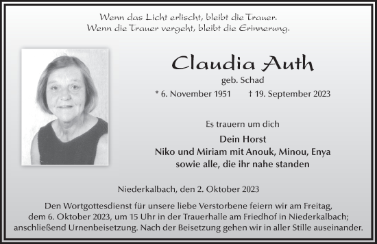 Traueranzeige von Claudia Auth von FZ