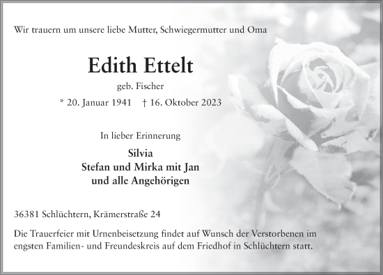 Traueranzeige von Edith Ettelt von FZ