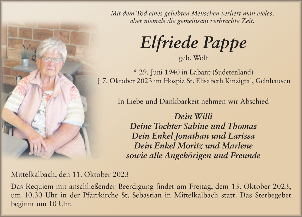  Traueranzeige für Elfriede Pappe vom 11.10.2023 aus FZ