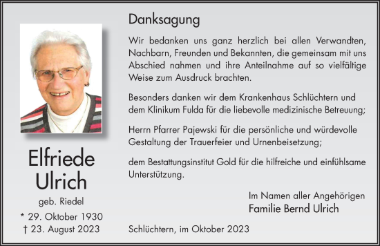 Traueranzeige von Elfriede Ulrich von FZ