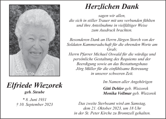 Traueranzeige von Elfriede Wiezorek von FZ