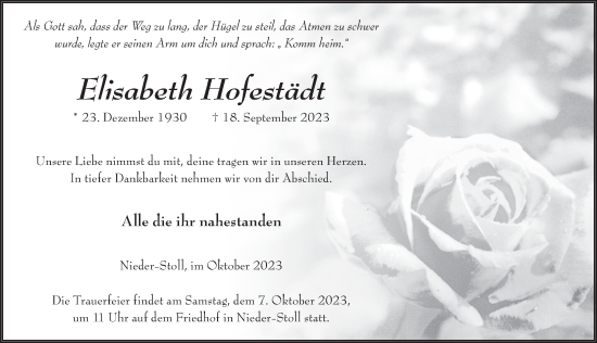Traueranzeige von Elisabeth Hofestädt von FZ