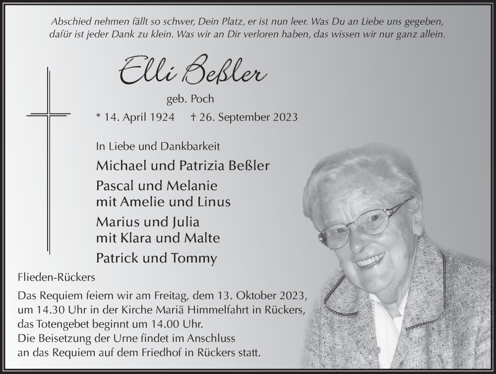 Traueranzeige für Elli Beßler vom 07.10.2023 aus FZ