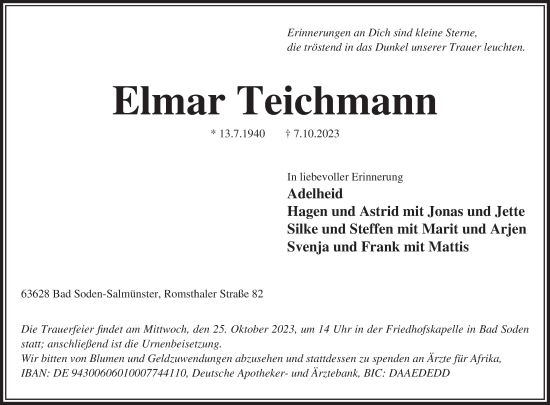 Traueranzeige von Elmar Teichmann von FZ
