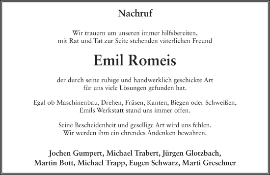 Traueranzeige von Emil Romeis von FZ