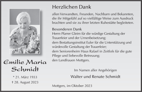 Traueranzeige von Emilie Maria Schmidt von FZ