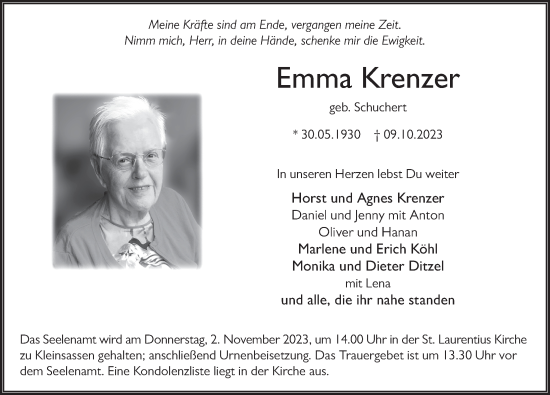 Traueranzeige von Emma Krenzer von FZ