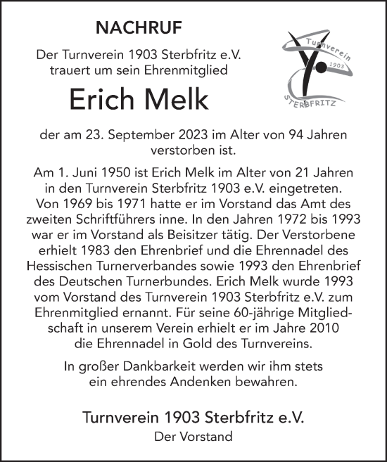 Traueranzeige von Erich Melk von FZ