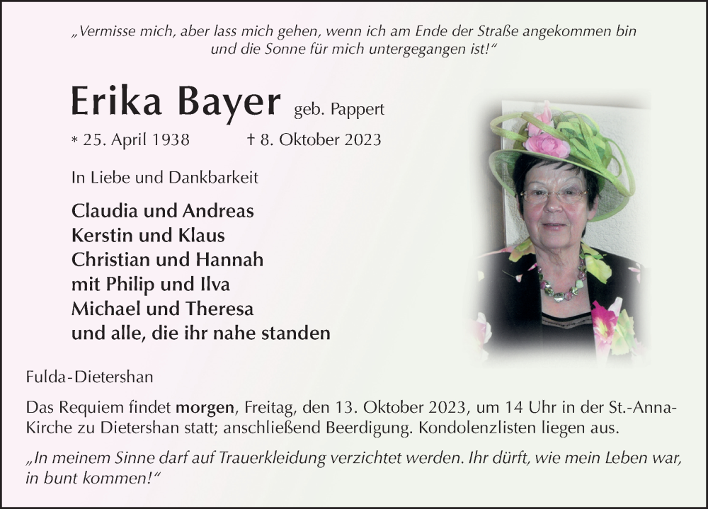  Traueranzeige für Erika Bayer vom 12.10.2023 aus FZ