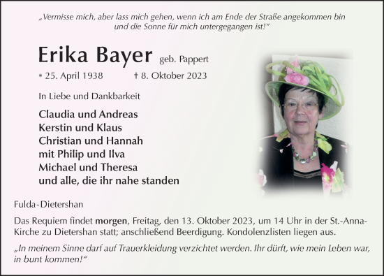 Traueranzeige von Erika Bayer von FZ