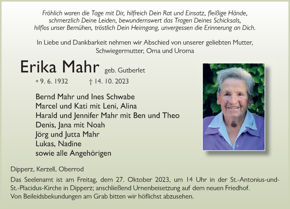  Traueranzeige für Erika Mahr vom 23.10.2023 aus FZ