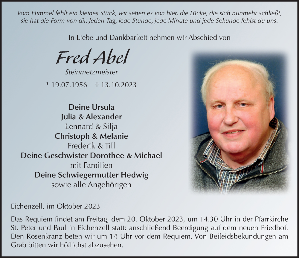  Traueranzeige für Fred Abel vom 18.10.2023 aus FZ