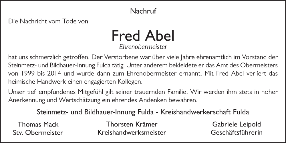  Traueranzeige für Fred Abel vom 18.10.2023 aus FZ