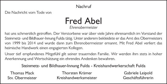 Traueranzeige von Fred Abel von FZ