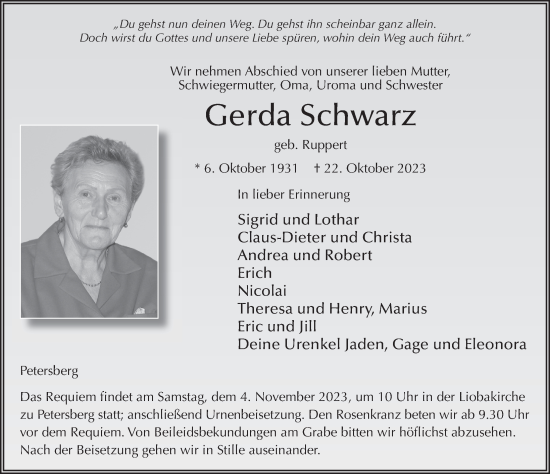 Traueranzeige von Gerda Schwarz von FZ