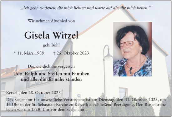 Traueranzeige von Gisela Witzel von FZ