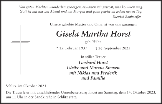 Traueranzeige von Gisela Martha Horst von FZ