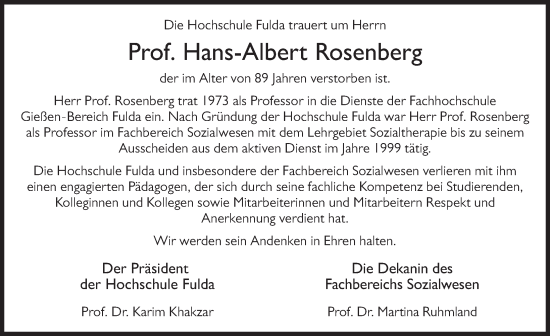 Traueranzeige von Hans-Albert Rosenberg von FZ