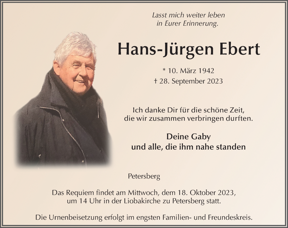  Traueranzeige für Hans-Jürgen Ebert vom 13.10.2023 aus FZ