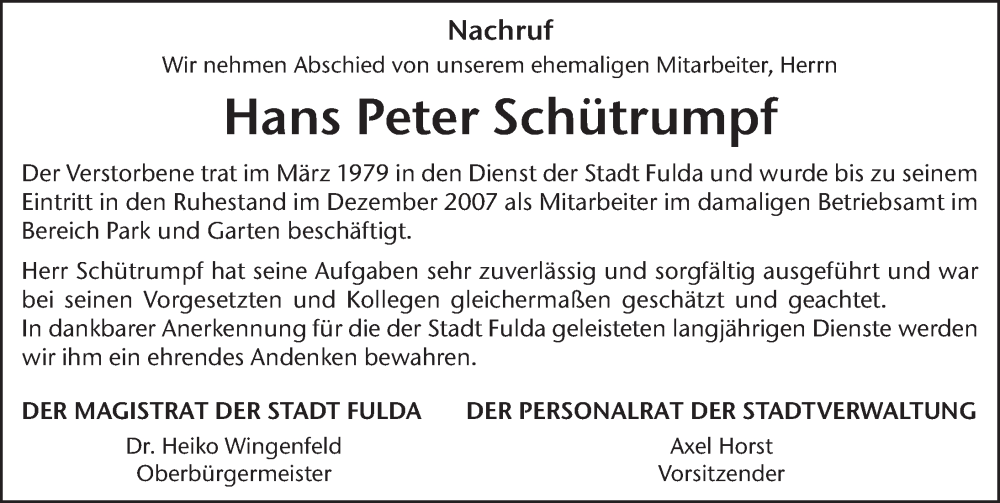  Traueranzeige für Hans Peter Schütrumpf vom 31.10.2023 aus FZ