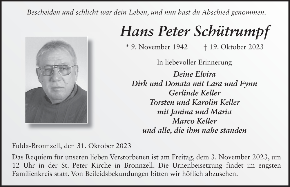  Traueranzeige für Hans Peter Schütrumpf vom 31.10.2023 aus FZ