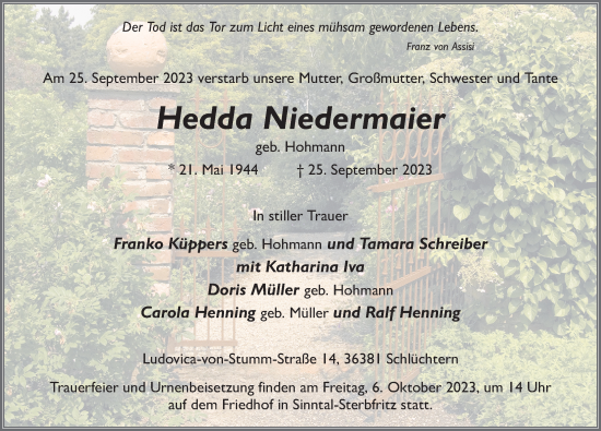Traueranzeige von Hedda Niedermaier von FZ