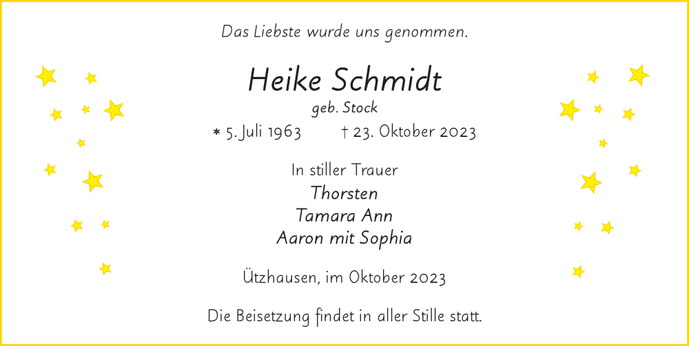  Traueranzeige für Heike Schmidt vom 28.10.2023 aus FZ