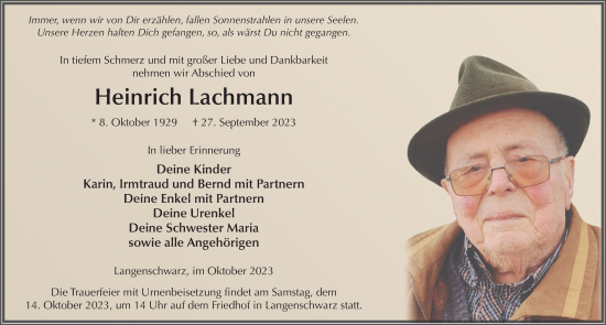 Traueranzeige von Heinrich Lachmann von FZ