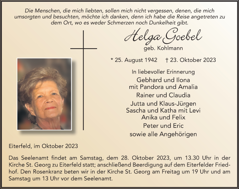  Traueranzeige für Helga Goebel vom 26.10.2023 aus FZ