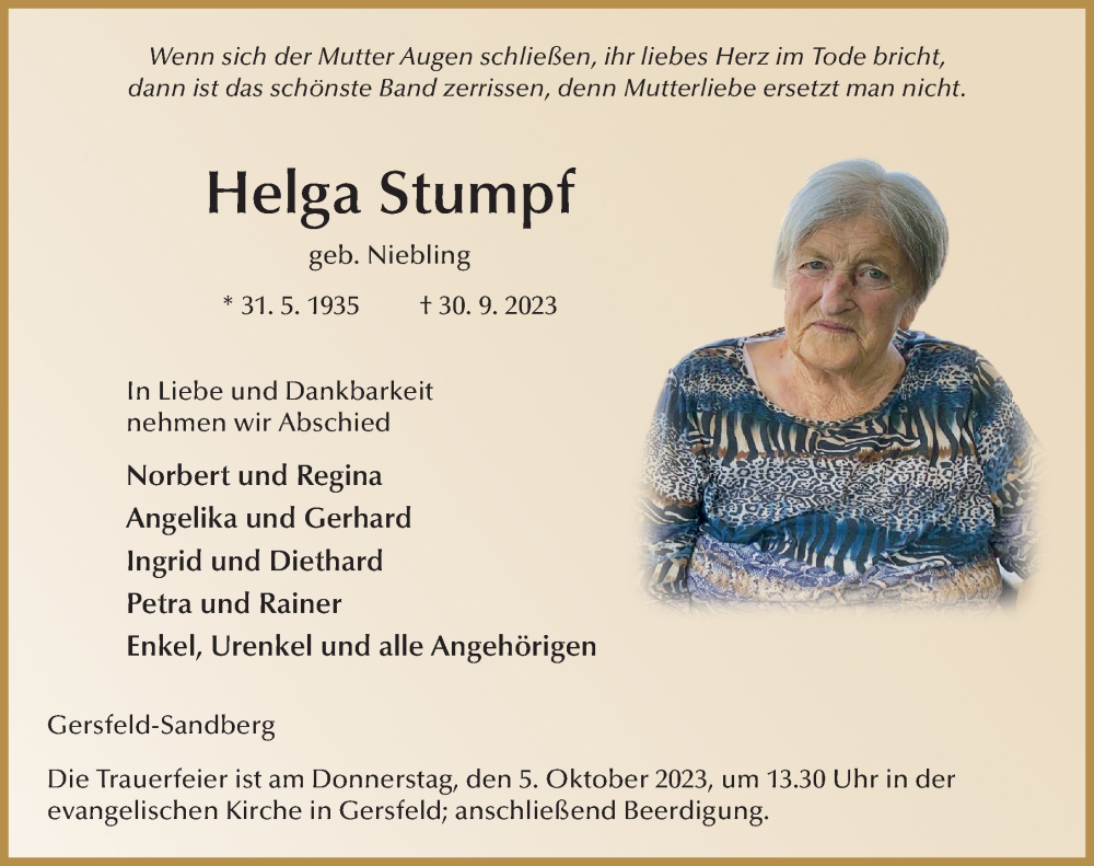  Traueranzeige für Helga Stumpf vom 04.10.2023 aus FZ