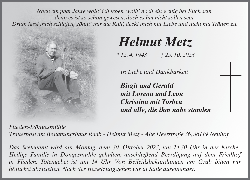  Traueranzeige für Helmut Metz vom 28.10.2023 aus FZ